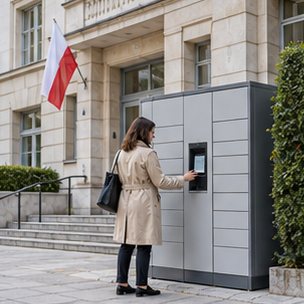 Wizualizacja koncepcyjna: Automat skrytkowy przy instytucji publicznej — wydział komunikacji.